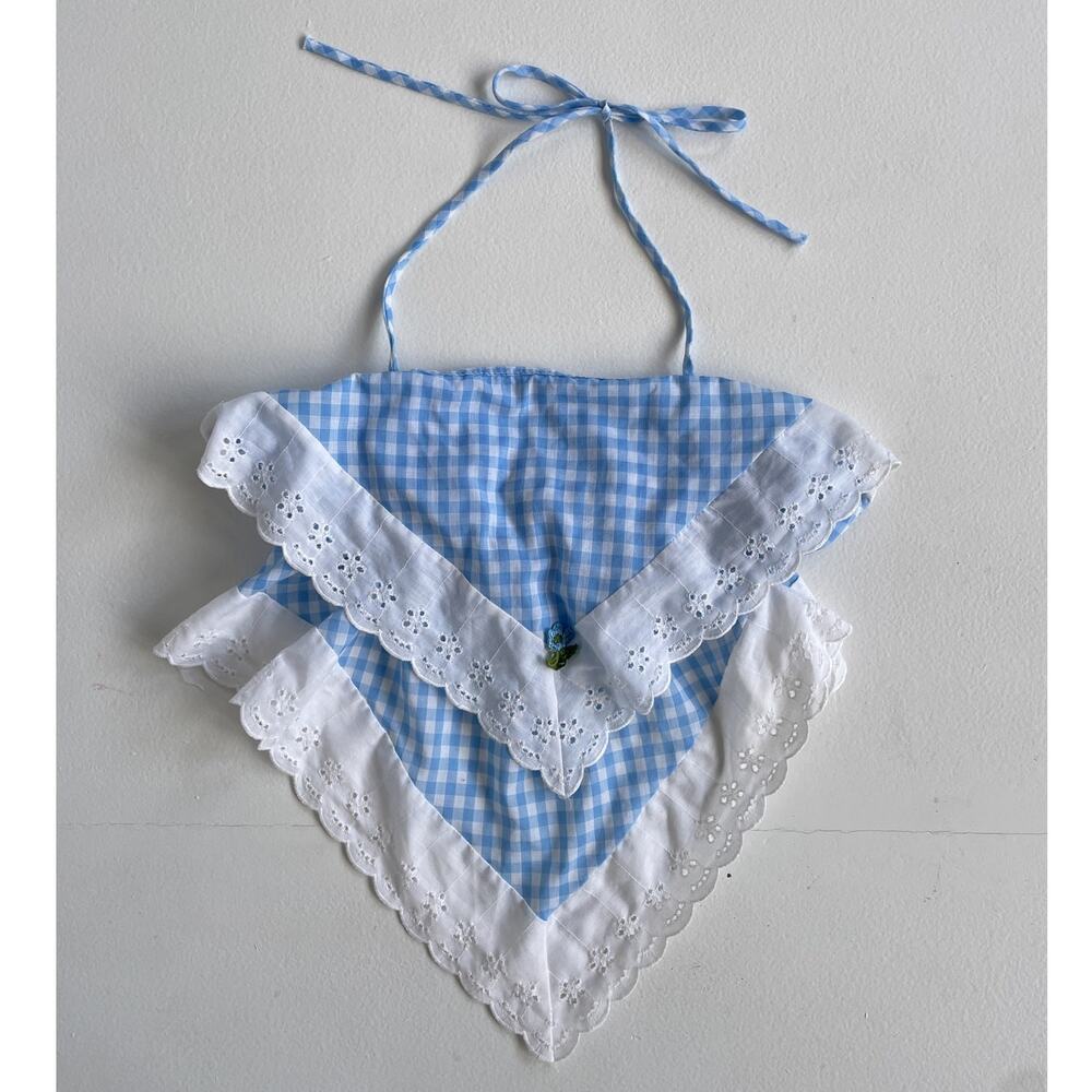 Vtg 70s Blue Gingham Handkerchief Halter Top Halter / Sz S/M / Cottage Western